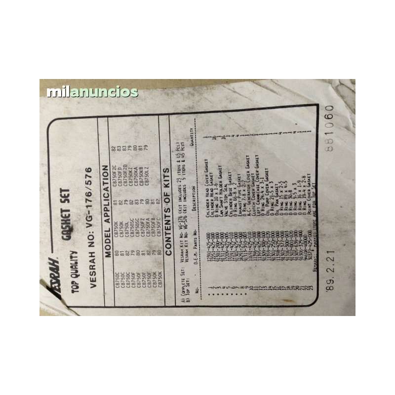 JUEGO DE JUNTAS PARA HONDA CB 750